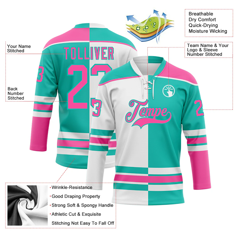 Custom Aqua Pink-White Split Fashion Hockey Lace Neck Jersey - Image 3