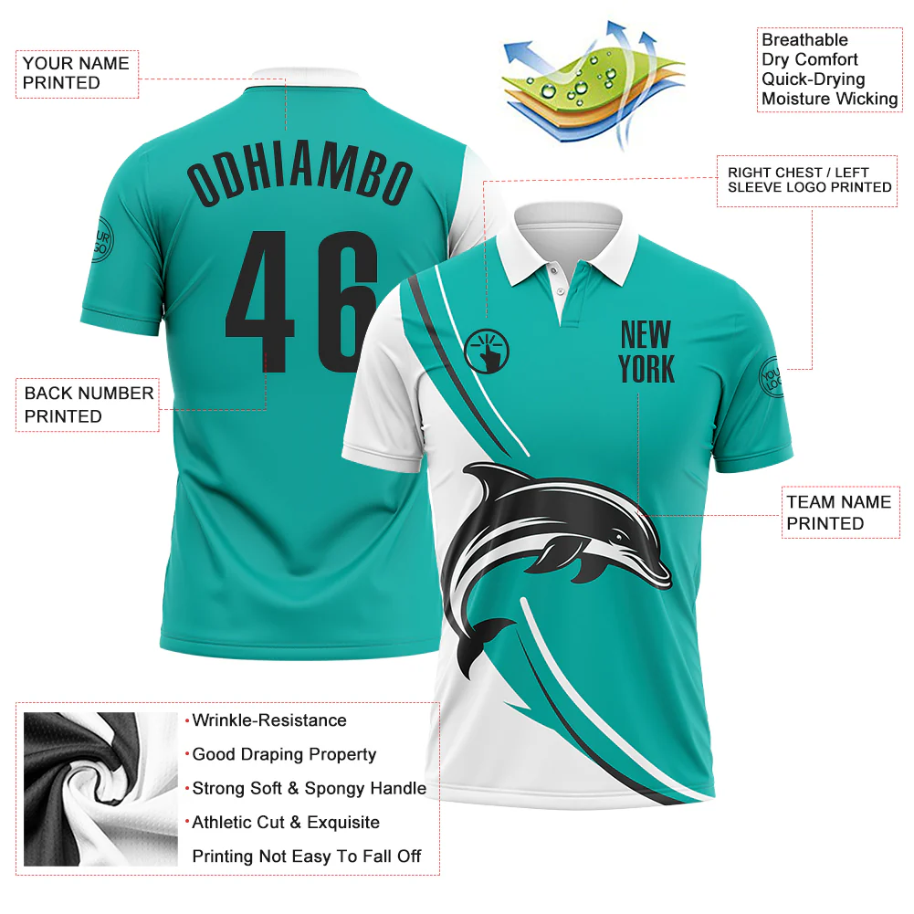 Custom Aqua Black-White 3D Pattern Design Animal Dolphin Performance Polo Shirt - Image 3