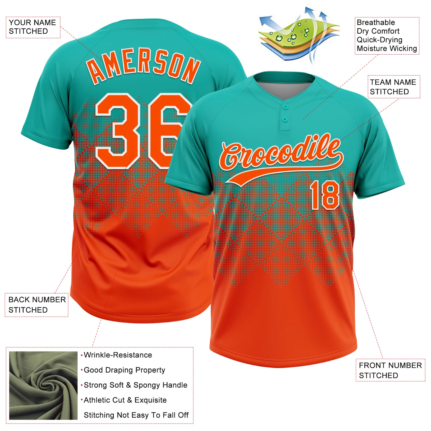 Custom Aqua Orange-White 3D Gradient Square Shape Two-Button Unisex Softball Jersey - Image 3