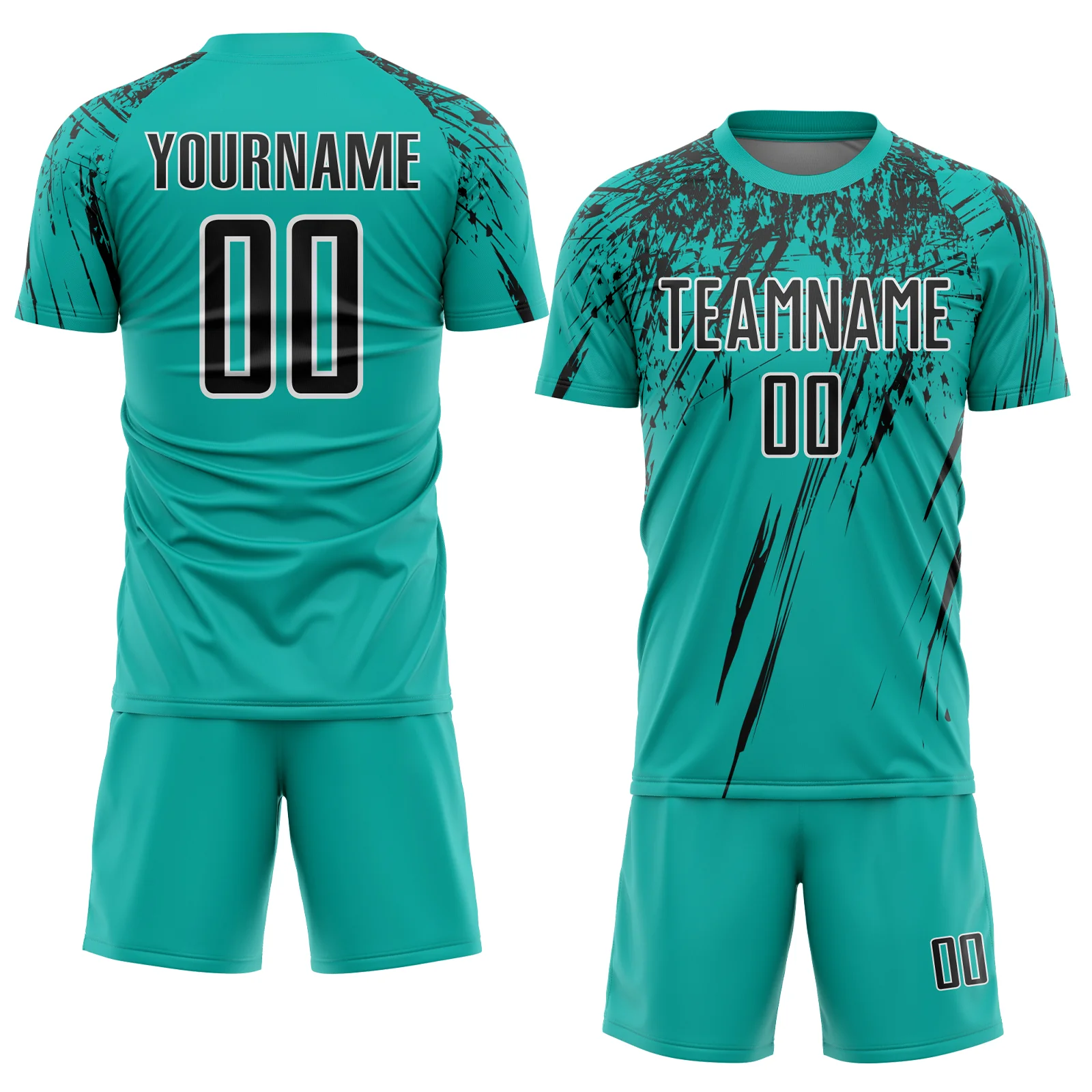 Custom Aqua Black-White Splash Sports Sublimation Soccer Uniform Jersey - Image 2