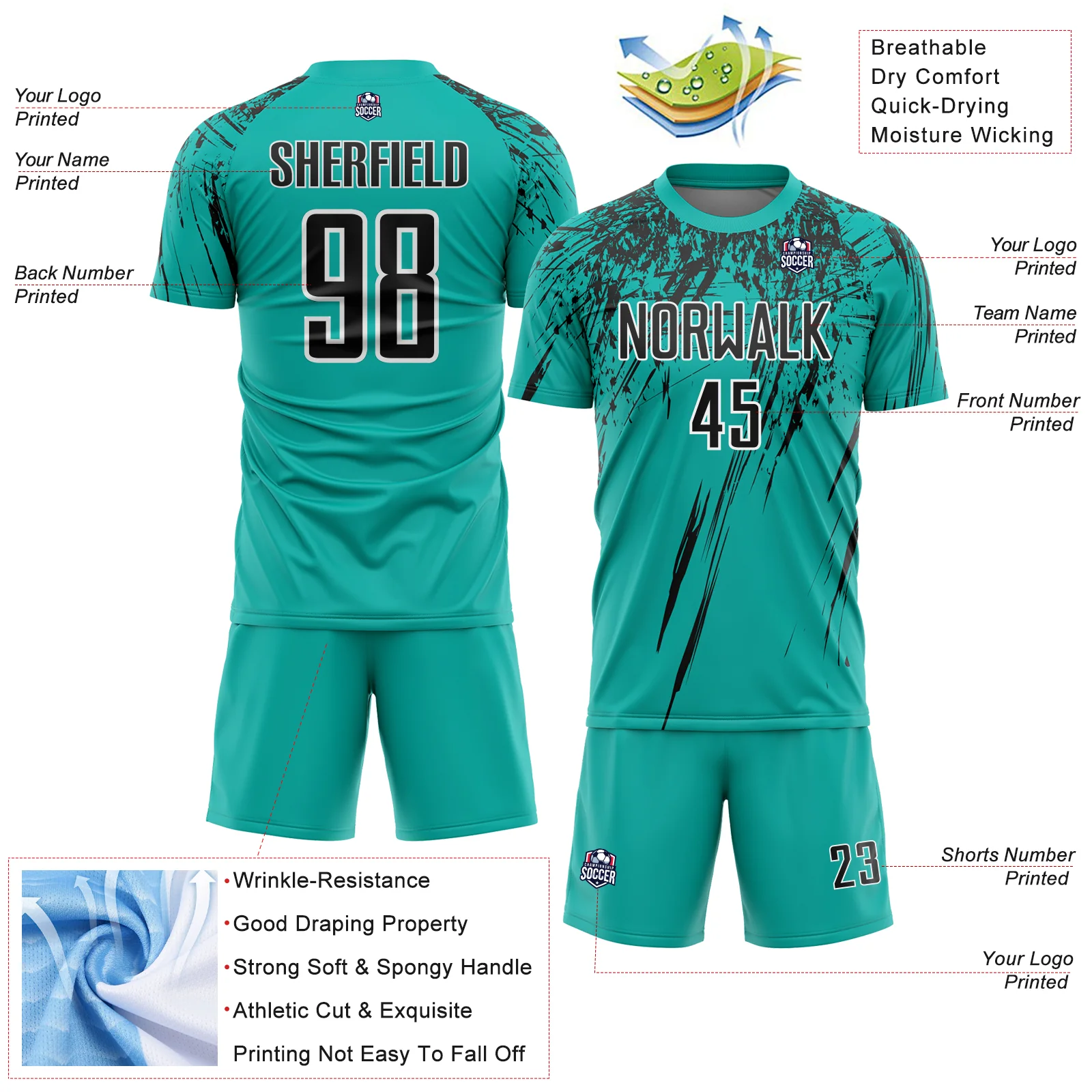 Custom Aqua Black-White Splash Sports Sublimation Soccer Uniform Jersey - Image 4