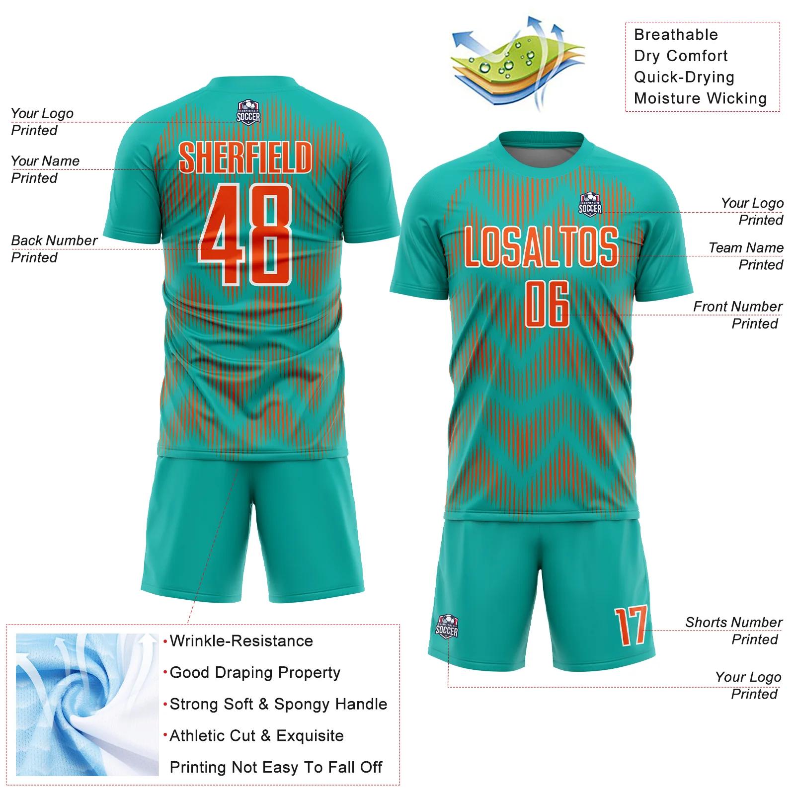 Custom Aqua Orange-White Line Sublimation Soccer Uniform Jersey - Image 4
