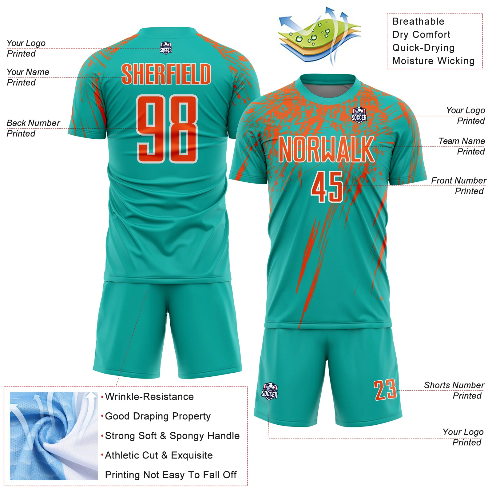 Custom Aqua Orange-White Splash Sports Sublimation Soccer Uniform Jersey - Image 4