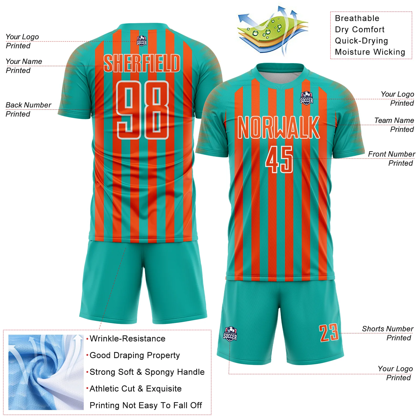 Custom Aqua Orange-White Stripe Sports Sublimation Soccer Uniform Jersey - Image 4