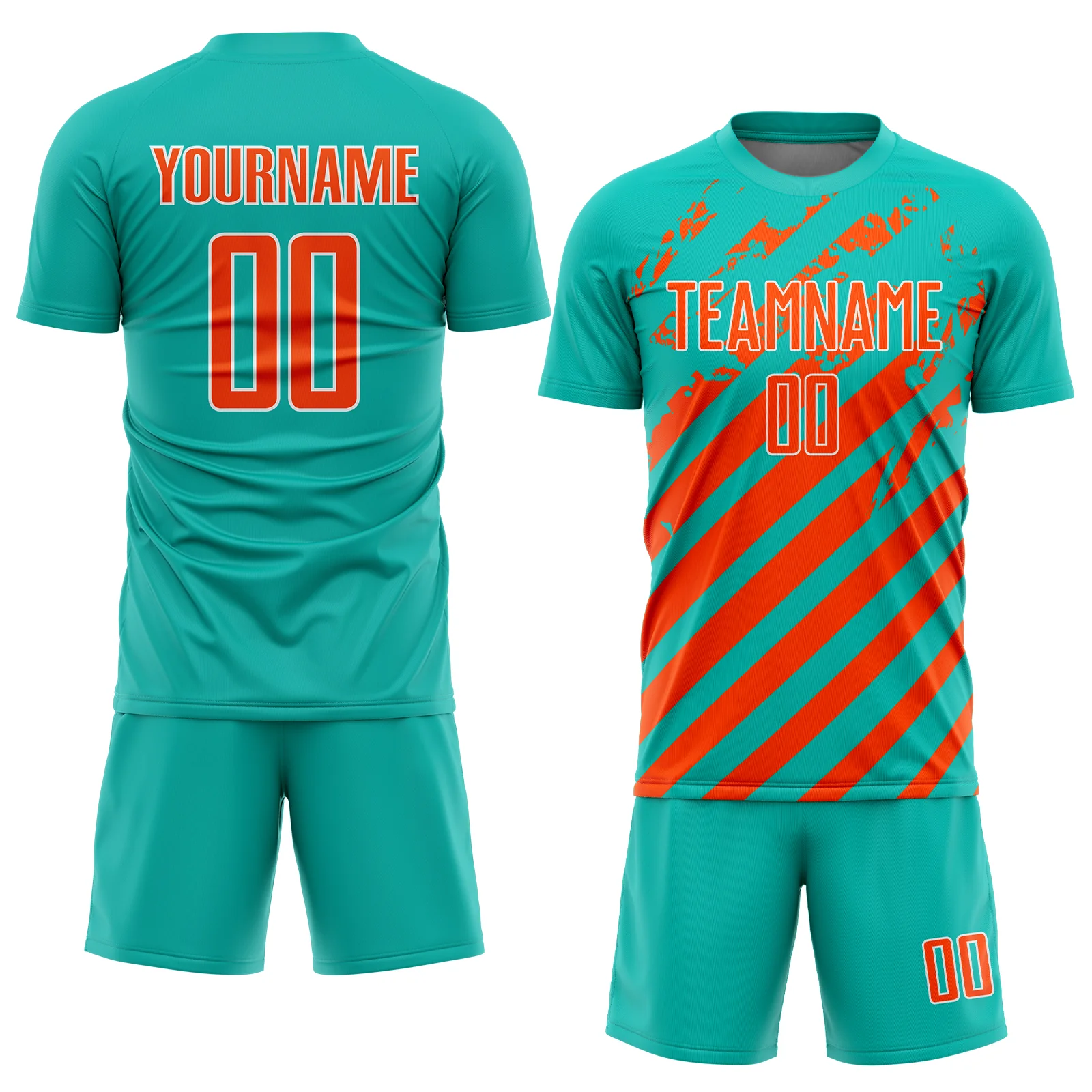Custom Aqua Orange-White Distressed Diagonal Stripe Pattern Sports Sublimation Soccer Uniform Jersey - Image 2