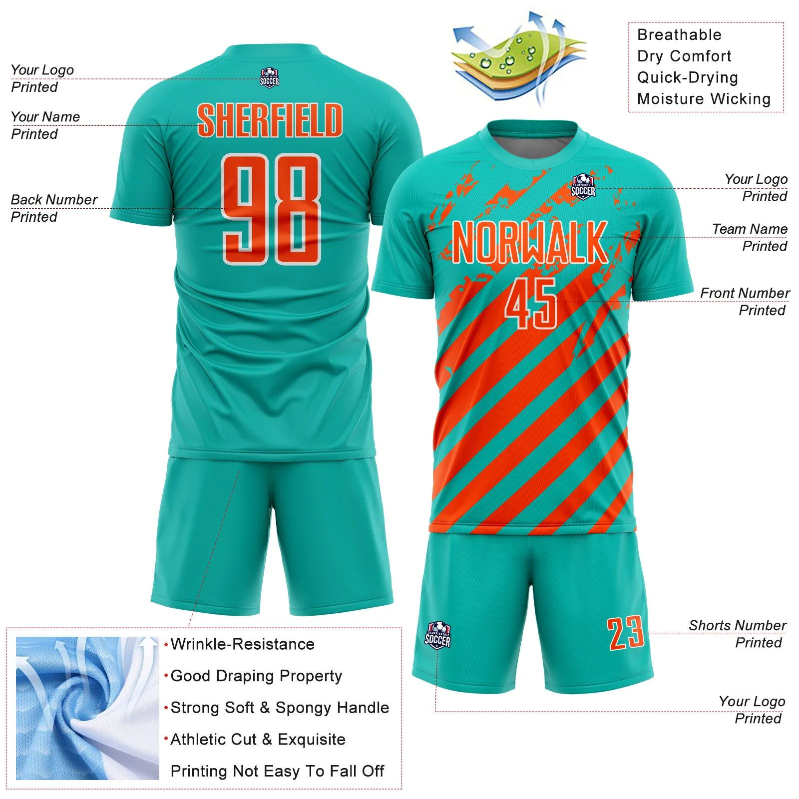 Custom Aqua Orange-White Distressed Diagonal Stripe Pattern Sports Sublimation Soccer Uniform Jersey - Image 4