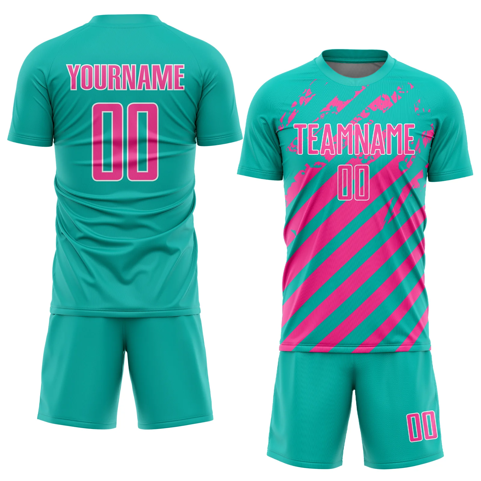Custom Aqua Pink-White Distressed Diagonal Stripe Pattern Sports Sublimation Soccer Uniform Jersey - Image 2