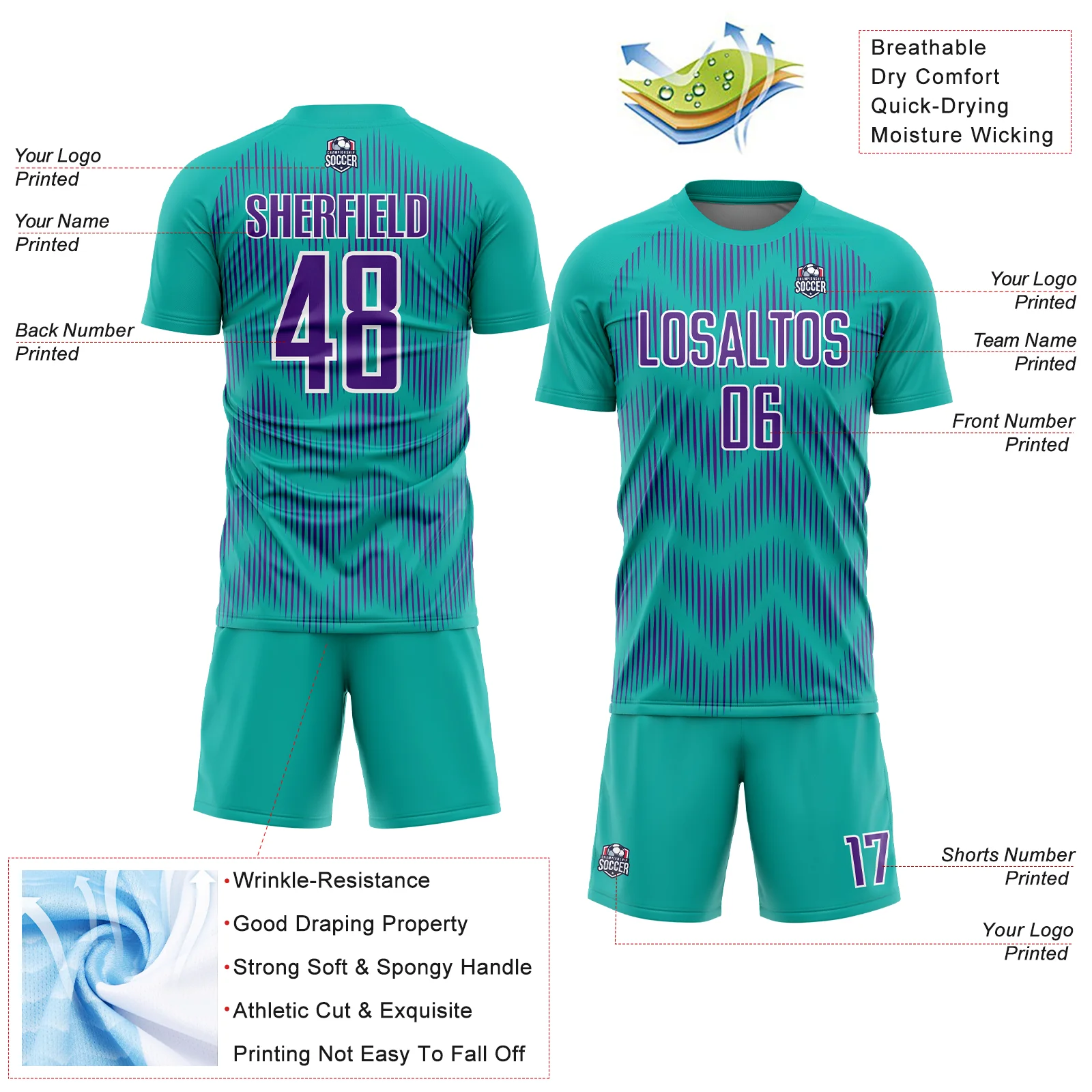 Custom Aqua Purple-White Line Sublimation Soccer Uniform Jersey - Image 4