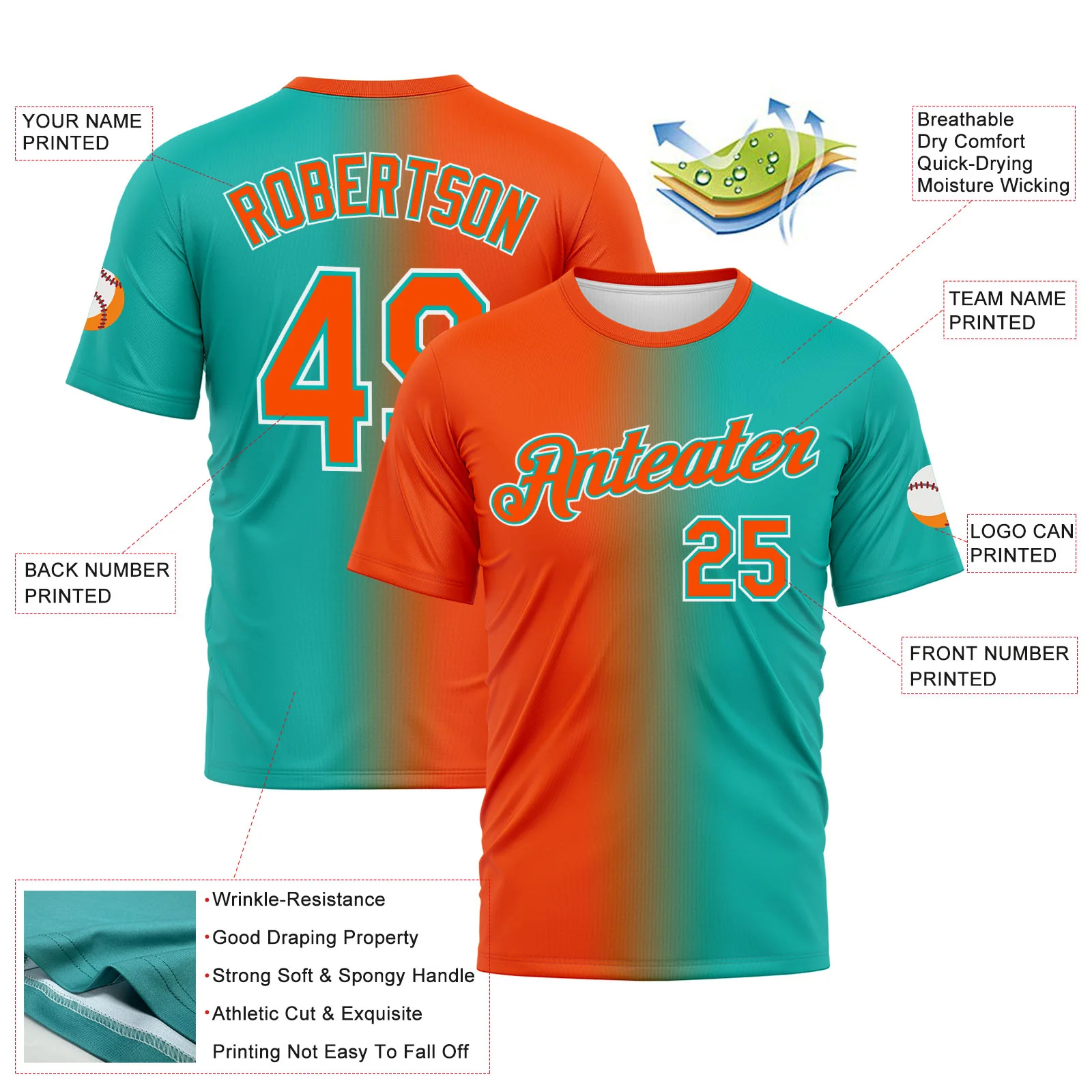 Custom Aqua Orange-White Gradient Fashion Performance T-Shirt - Image 3