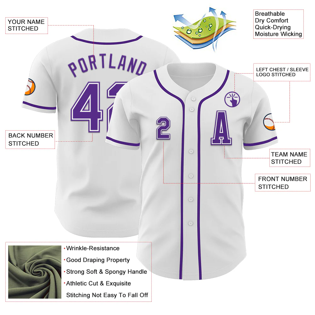Custom White Purple Authentic Baseball Jersey - Image 2