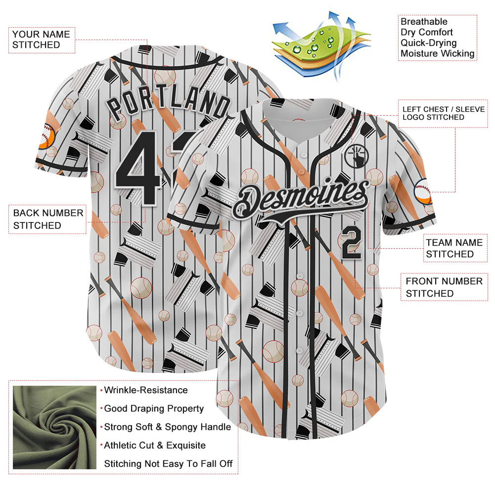 Custom White Black Comic Doodle Ballgame 3D Pattern Design Authentic Baseball Jersey - Image 3