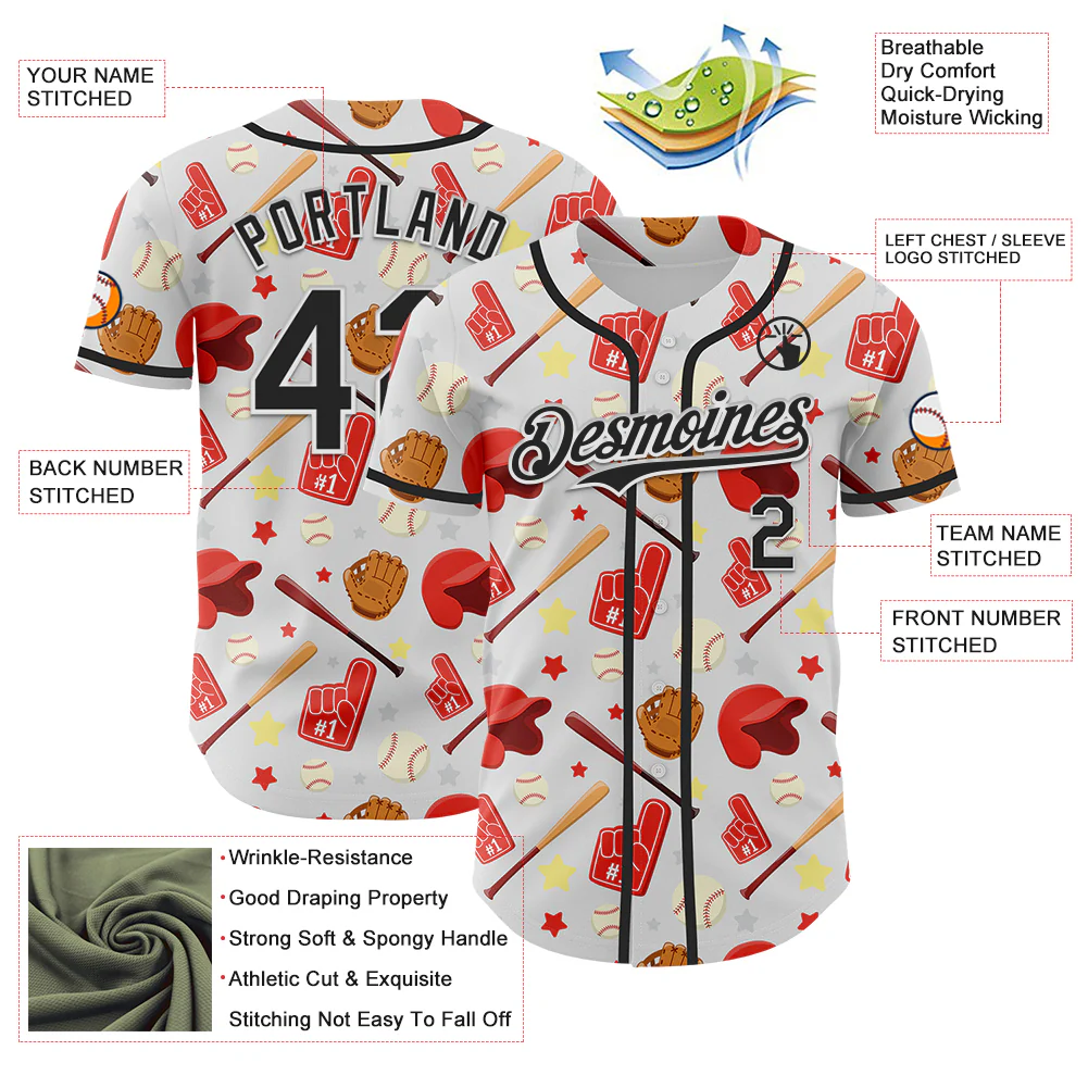 Custom White Black Comic Doodle Ballgame 3D Pattern Design Authentic Baseball Jersey - Image 3