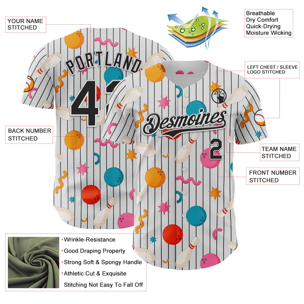 Custom White Black Comic Doodle Ballgame 3D Pattern Design Authentic Baseball Jersey - Image 3