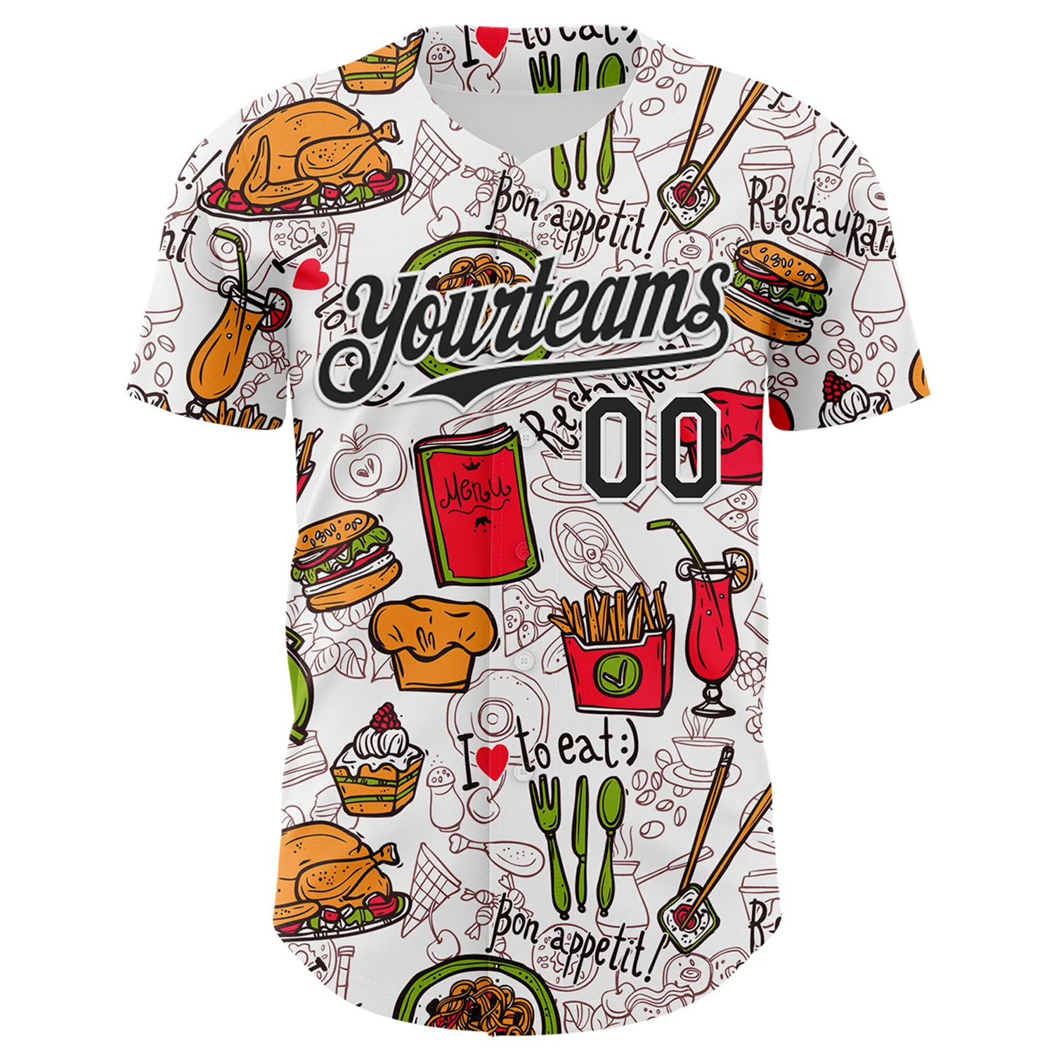 Custom White Black Foodie Fast Food Doodles Authentic Baseball Jersey - Image 2