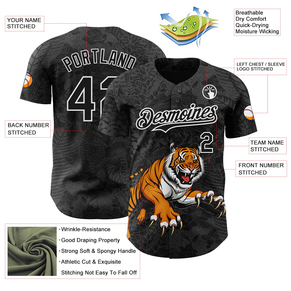 Custom Black White Hawaii Tropical Palm Leaves And Animal Tiger Authentic Baseball Jersey - Image 3