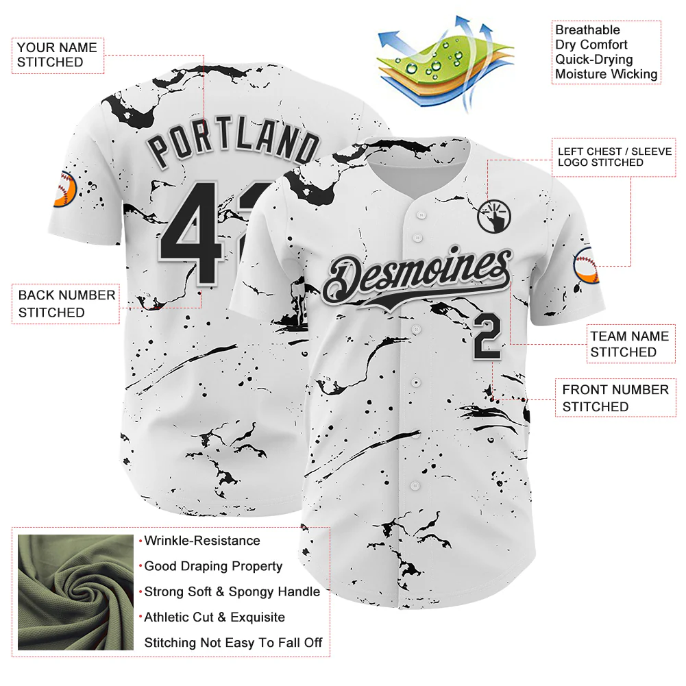 Custom White Black 3D Pattern Design Graffiti Splash Ink Authentic Baseball Jersey - Image 3