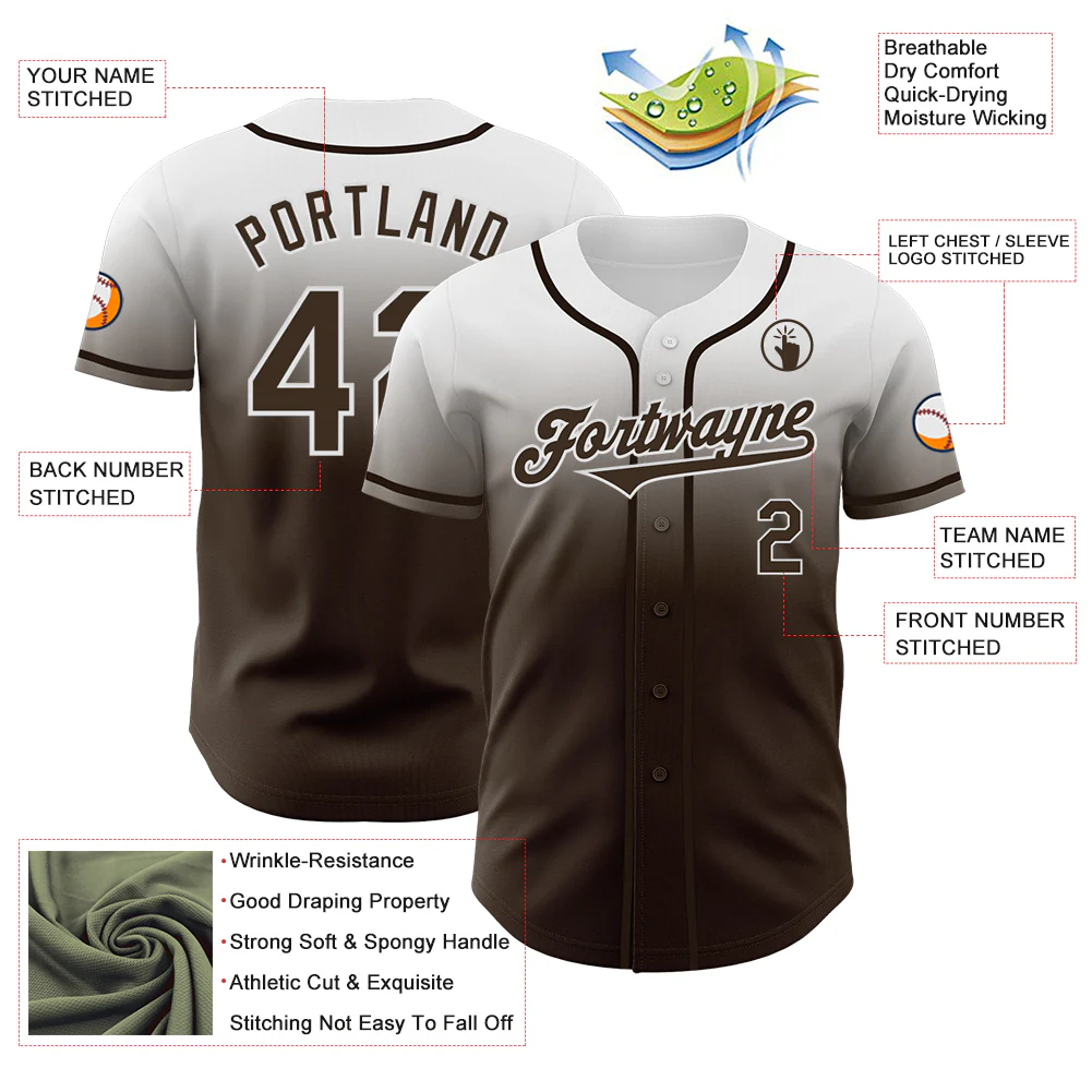 Custom White Brown Authentic Fade Fashion Baseball Jersey - Image 3
