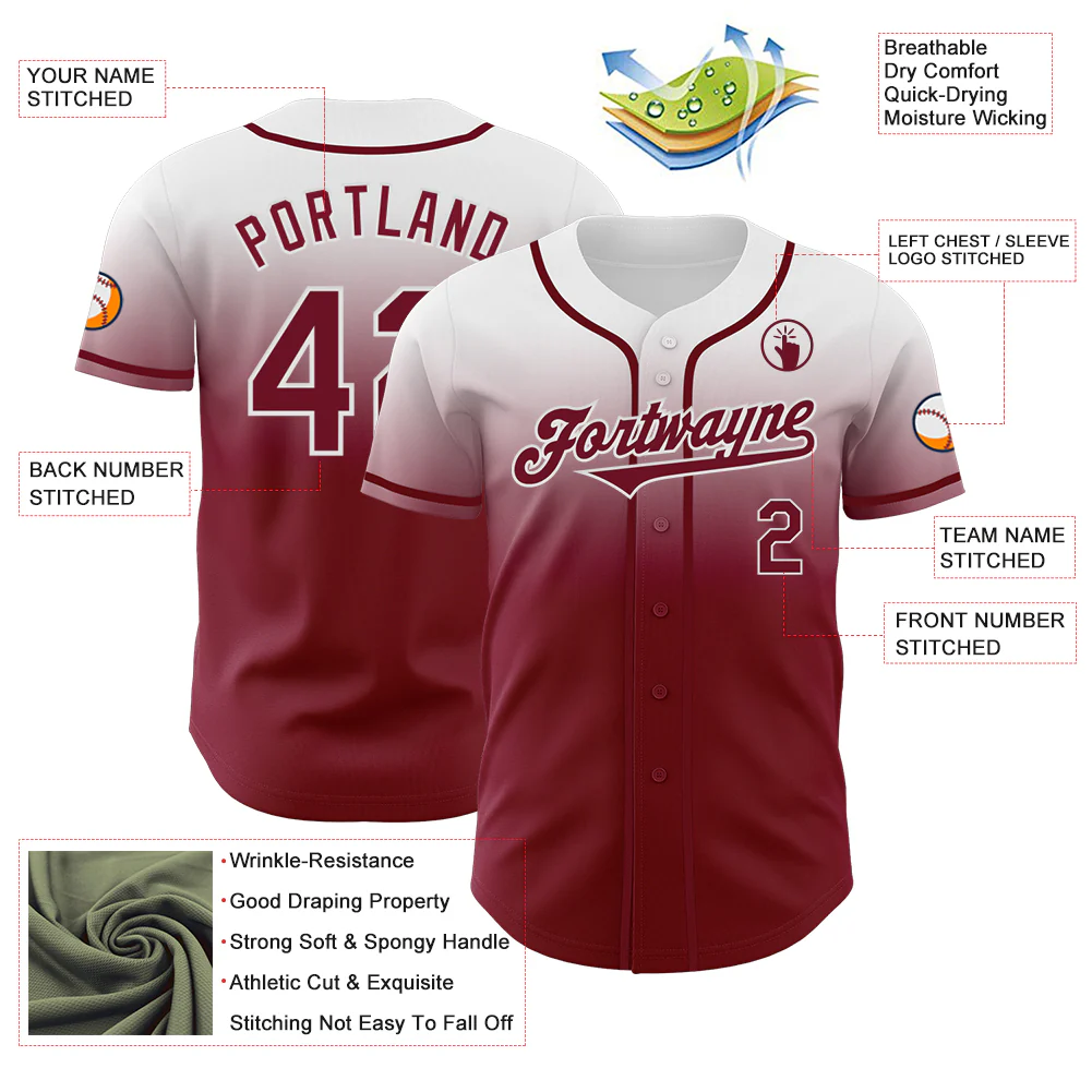 Custom White Crimson Authentic Fade Fashion Baseball Jersey - Image 3