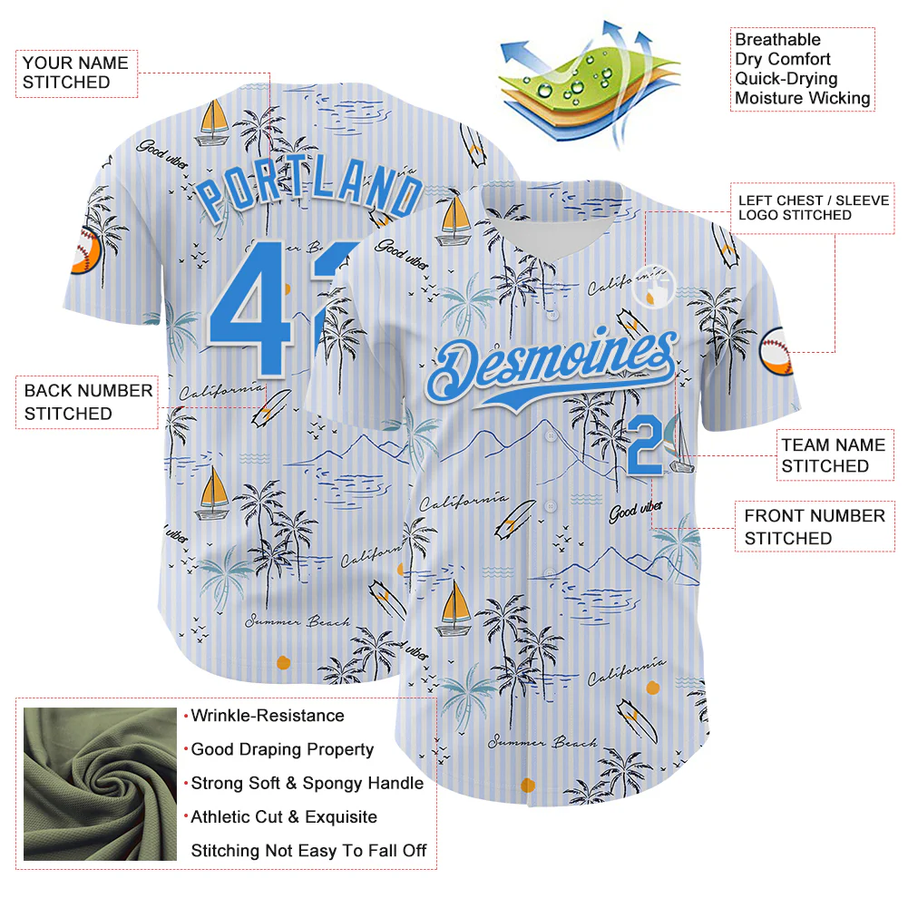 Custom White Electric Blue 3D Hawaii Beach Tropical Palm Tree Authentic Baseball Jersey - Image 3
