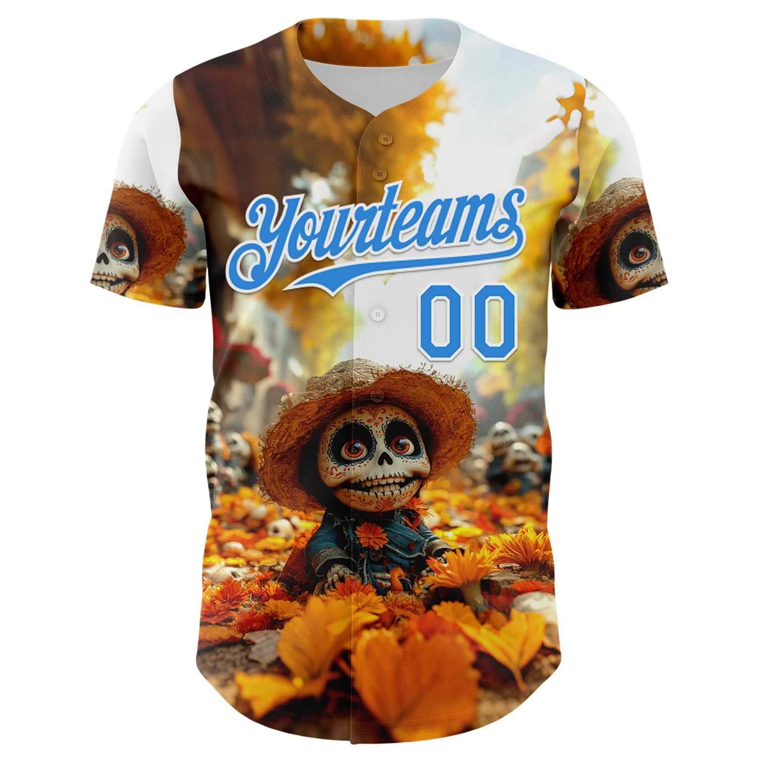 Custom White Electric Blue Sugar Skull Day of the Dead Mexican Folk Art Authentic Baseball Jersey - Image 2