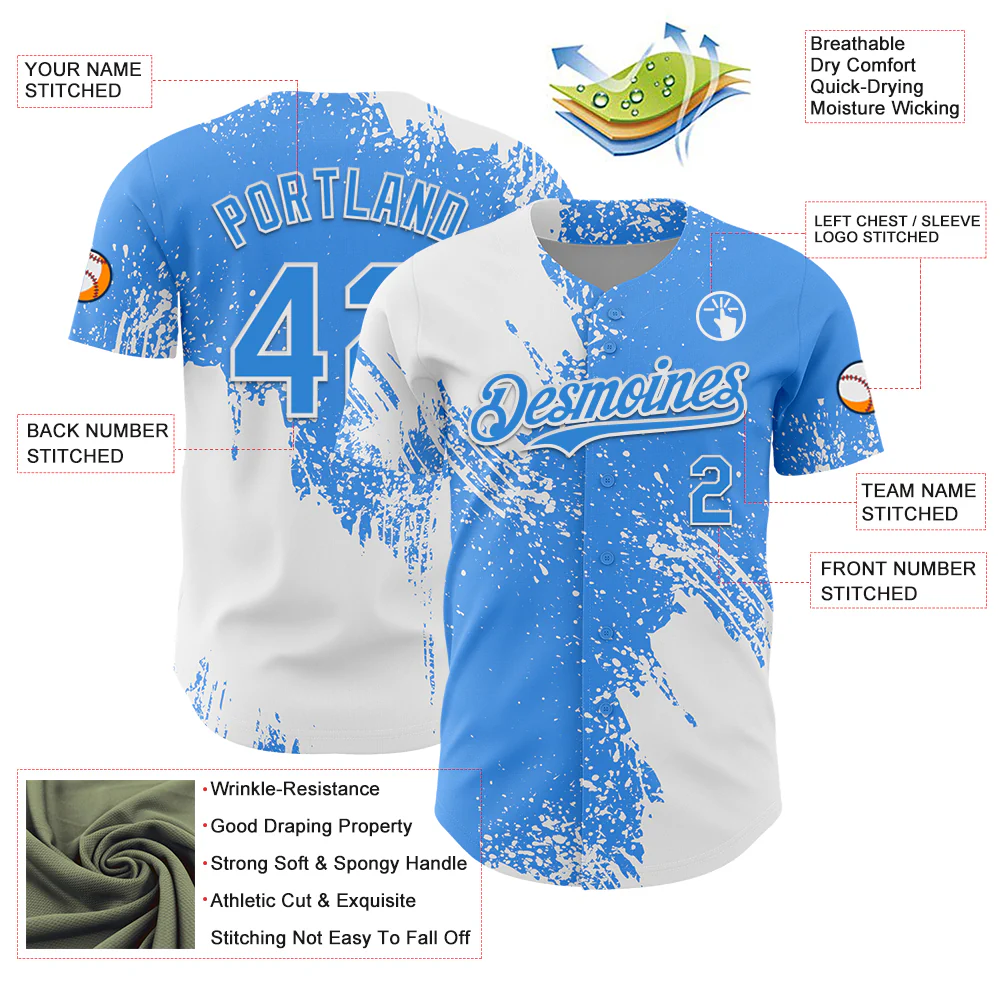 Custom White Electric Blue 3D Pattern Design Abstract Brush Stroke Authentic Baseball Jersey - Image 3