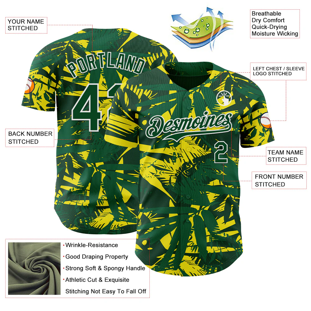 Custom Green White Hawaii Palm Leaves Authentic Baseball Jersey - Image 3