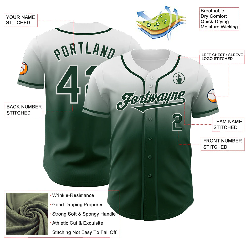 Custom White Green Authentic Fade Fashion Baseball Jersey - Image 3