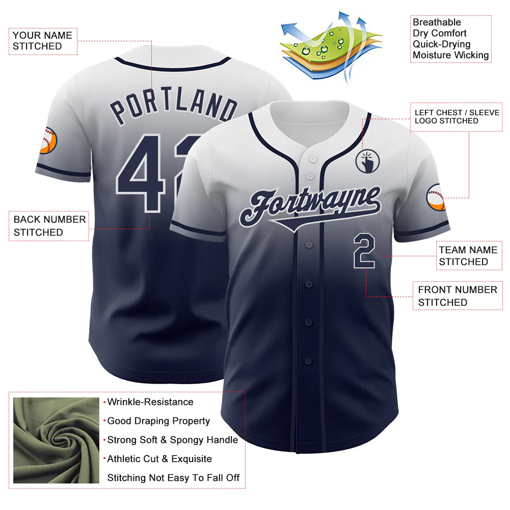 Custom White Navy Authentic Fade Fashion Baseball Jersey - Image 3