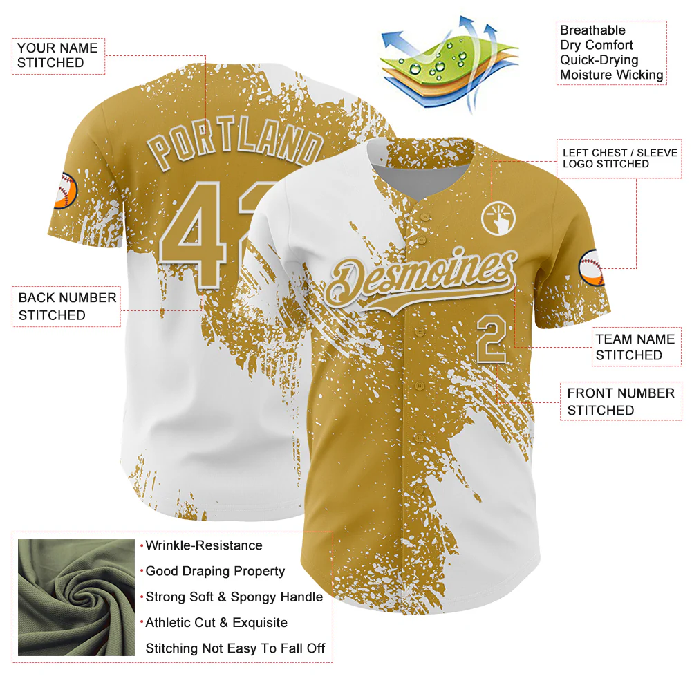Custom White Old Gold 3D Pattern Design Abstract Brush Stroke Authentic Baseball Jersey - Image 3
