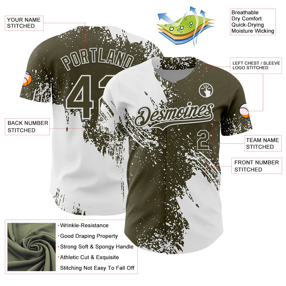 Custom White Olive 3D Pattern Design Abstract Brush Stroke Authentic Baseball Jersey - Image 3