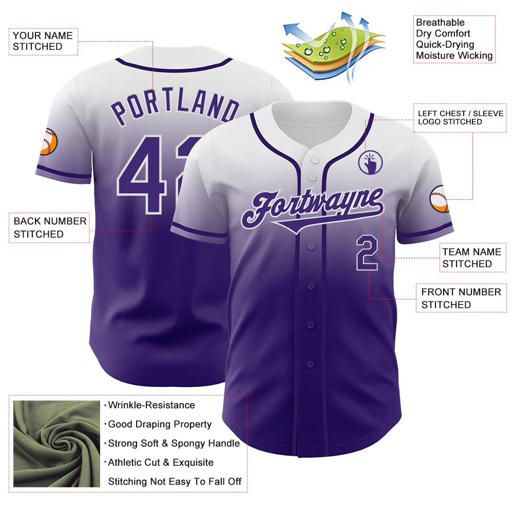 Custom White Purple Authentic Fade Fashion Baseball Jersey - Image 3