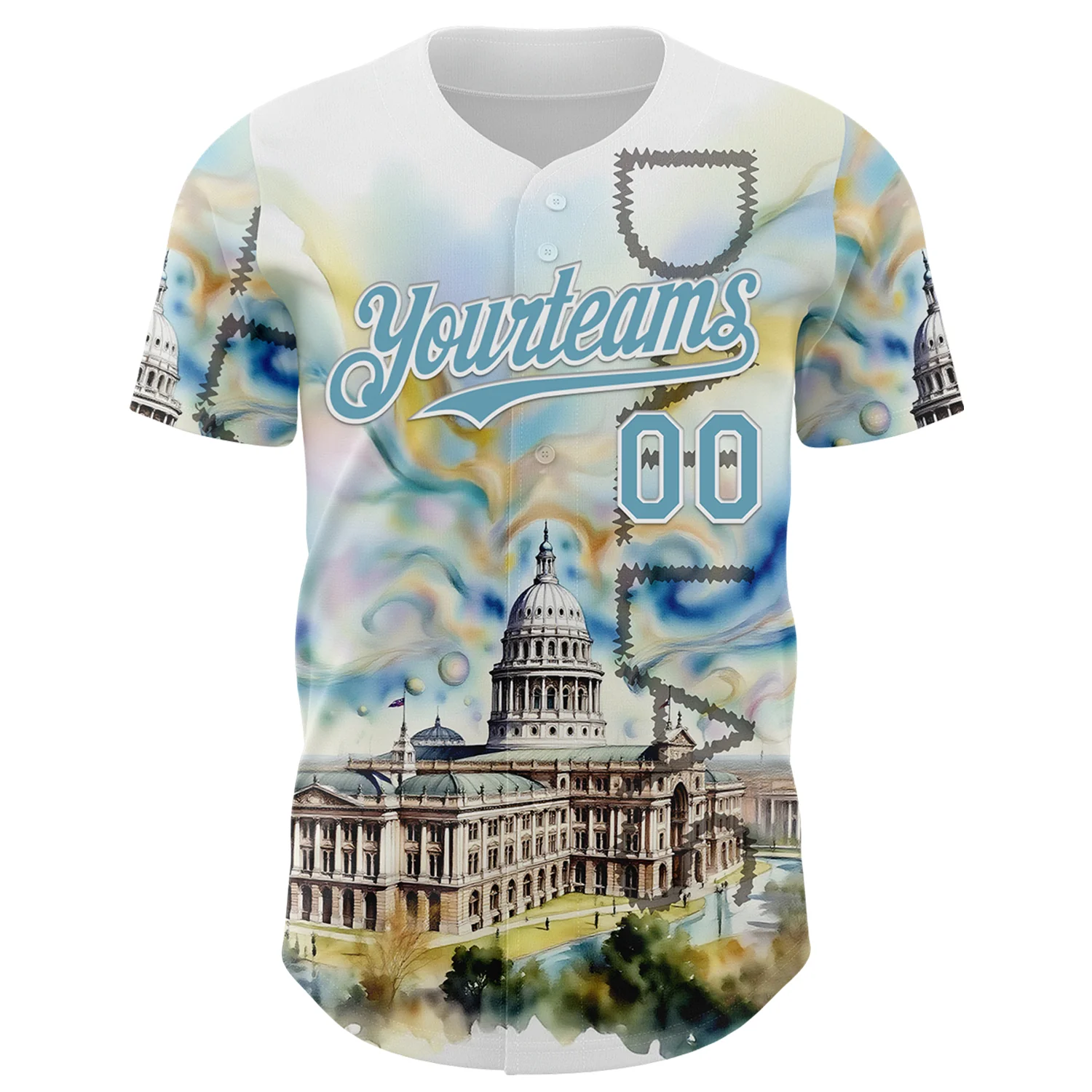 Custom White Shadow Blue Dallas Texas State Capitol Landmark City Symbol Authentic Baseball Jersey - Image 2