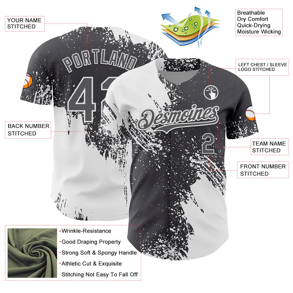 Custom White Steel Gray 3D Pattern Design Abstract Brush Stroke Authentic Baseball Jersey - Image 3