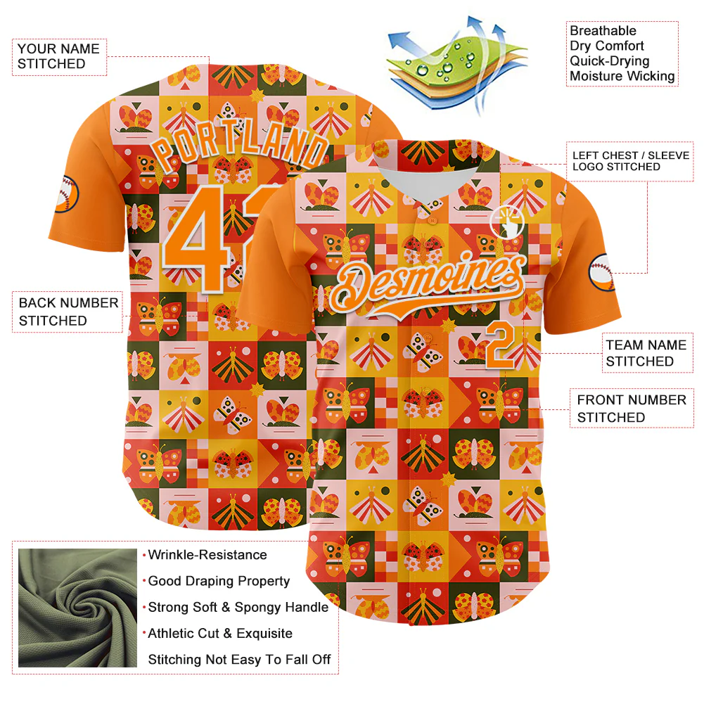 Custom Bay Orange White 3D Ambartive Checkered Butterfly Pattern Authentic Baseball Jersey - Image 3