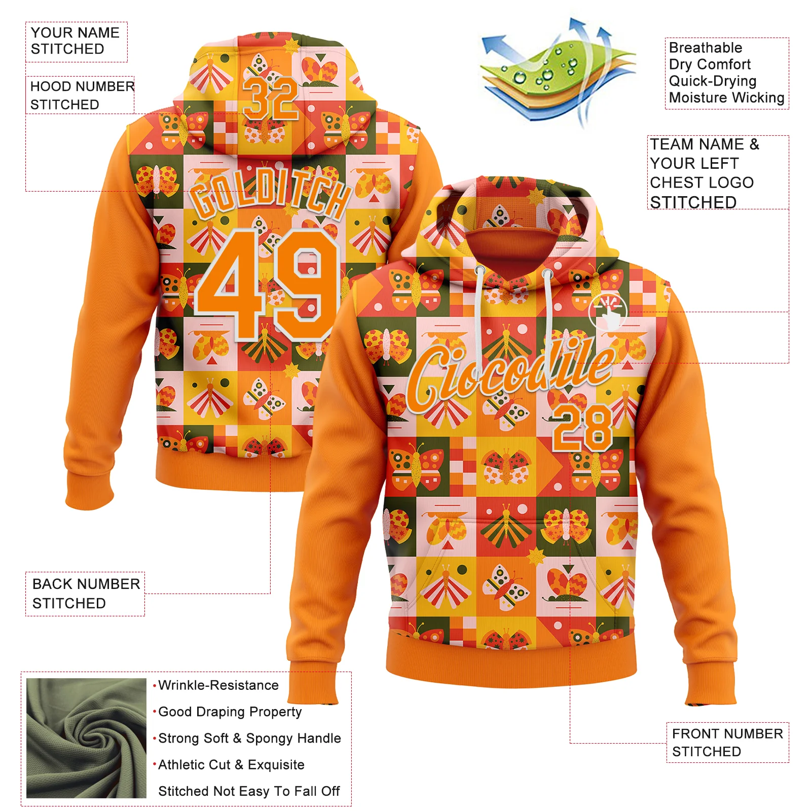 Custom Stitched Bay Orange White 3D Ambartive Checkered Butterfly Pattern Sports Pullover Sweatshirt Hoodie - Image 2