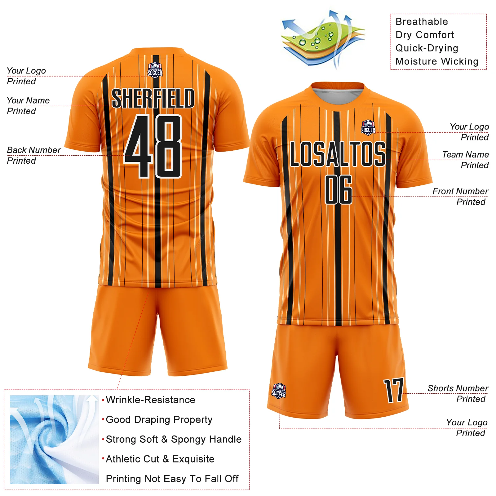 Custom Bay Orange Black-White Stripe Sublimation Soccer Uniform Jersey - Image 4