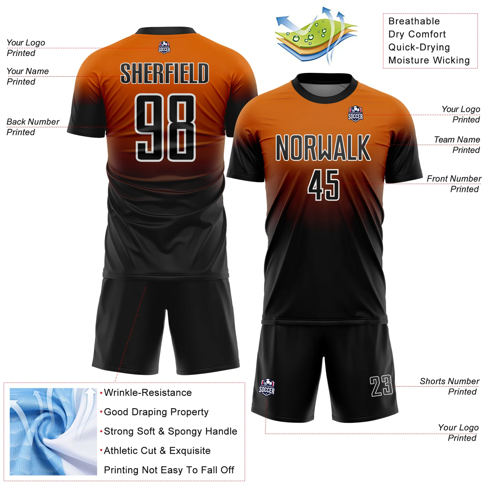 Custom Bay Orange Black-White Fade Fashion Sublimation Soccer Uniform Jersey - Image 4