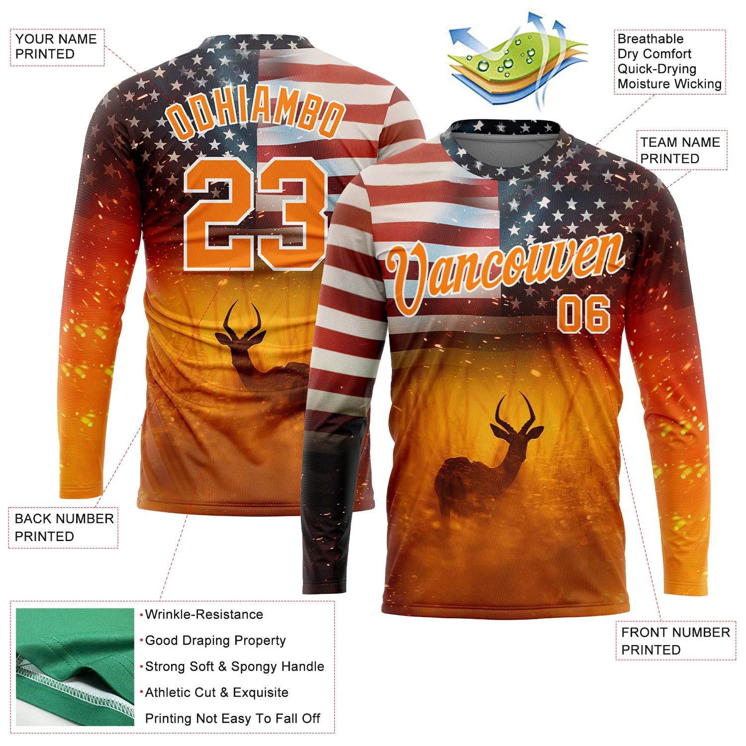 Custom Bay Orange White 3D Animal Deer Hunting American Flag Long Sleeve Performance T-Shirt - Image 2