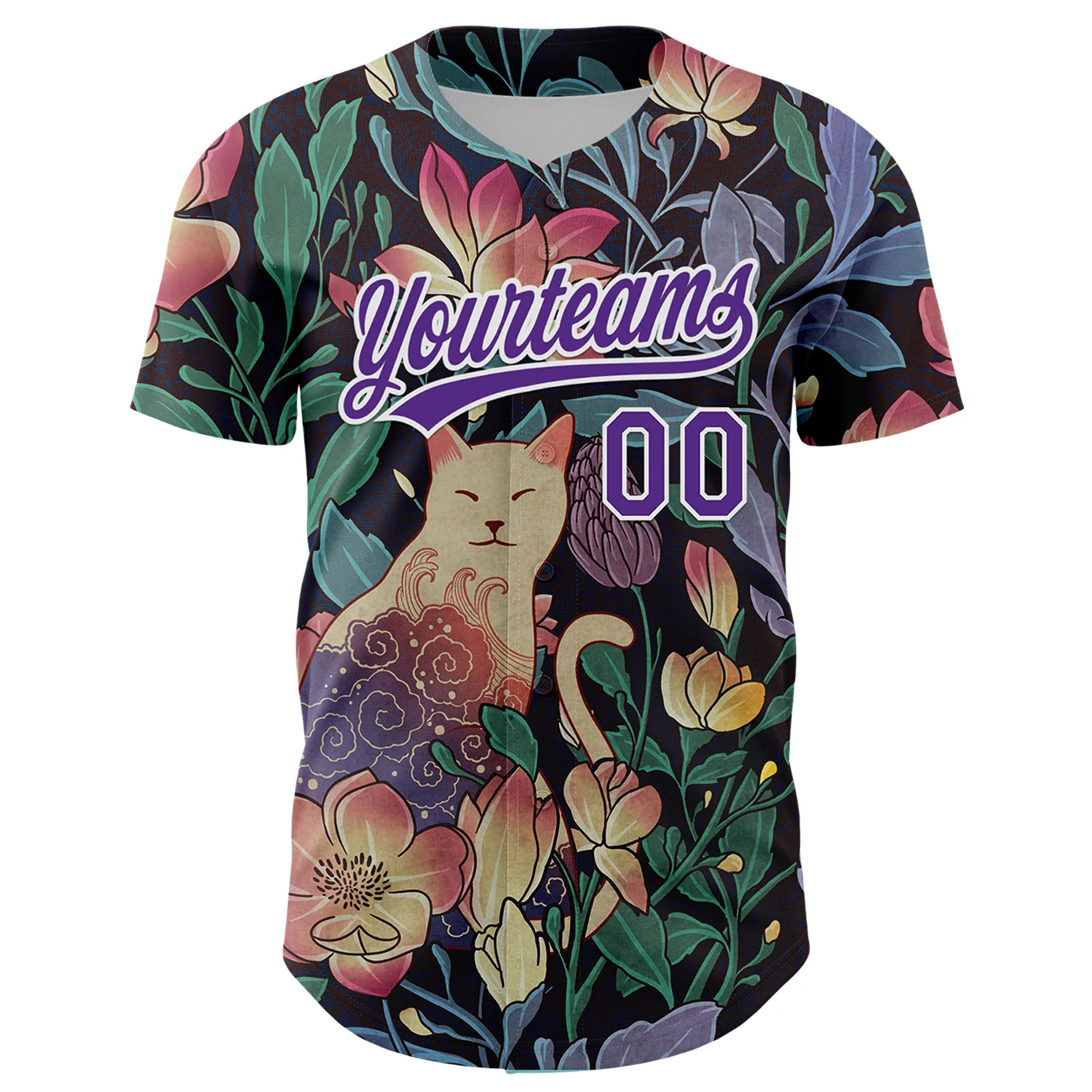 Custom Black Purple-White 3D Syntetyc Cat And Magnolia Authentic Baseball Jersey - Image 2