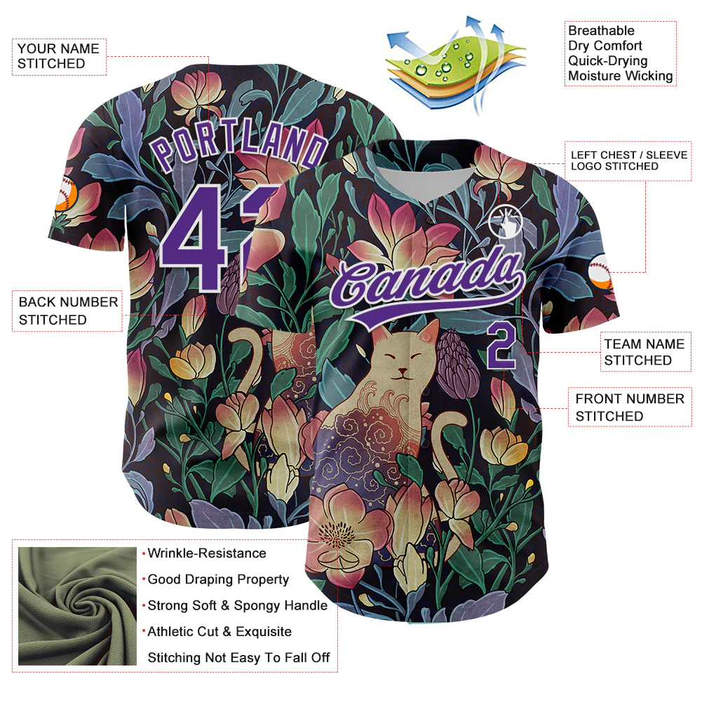 Custom Black Purple-White 3D Syntetyc Cat And Magnolia Authentic Baseball Jersey - Image 3