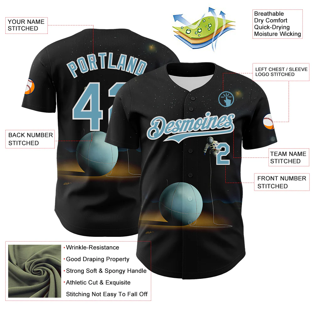 Custom Black Shadow Blue-White 3D Marcel Caram The Astronaut Authentic Baseball Jersey - Image 3