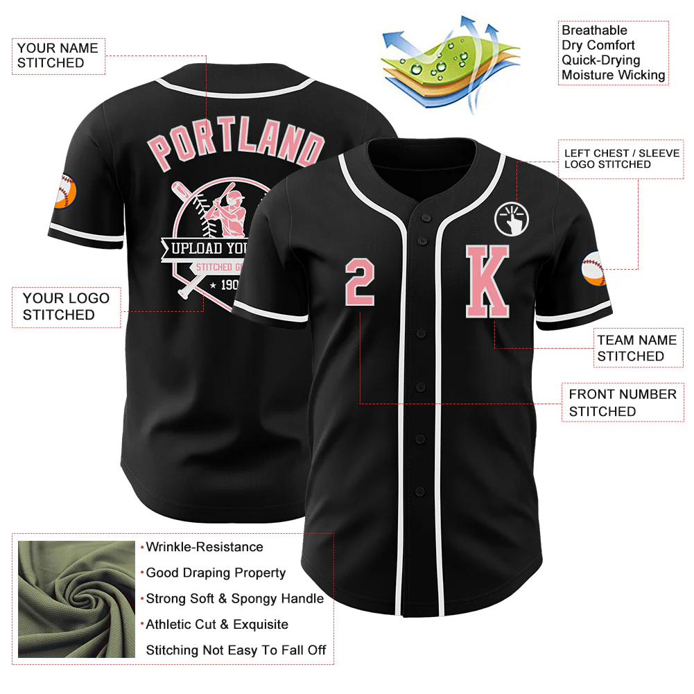Custom Black Medium Pink-White Authentic Baseball Jersey - Image 6