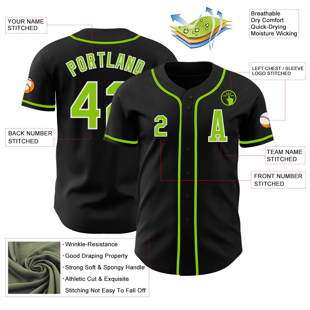 Custom Black Neon Green-White Authentic Baseball Jersey - Image 2