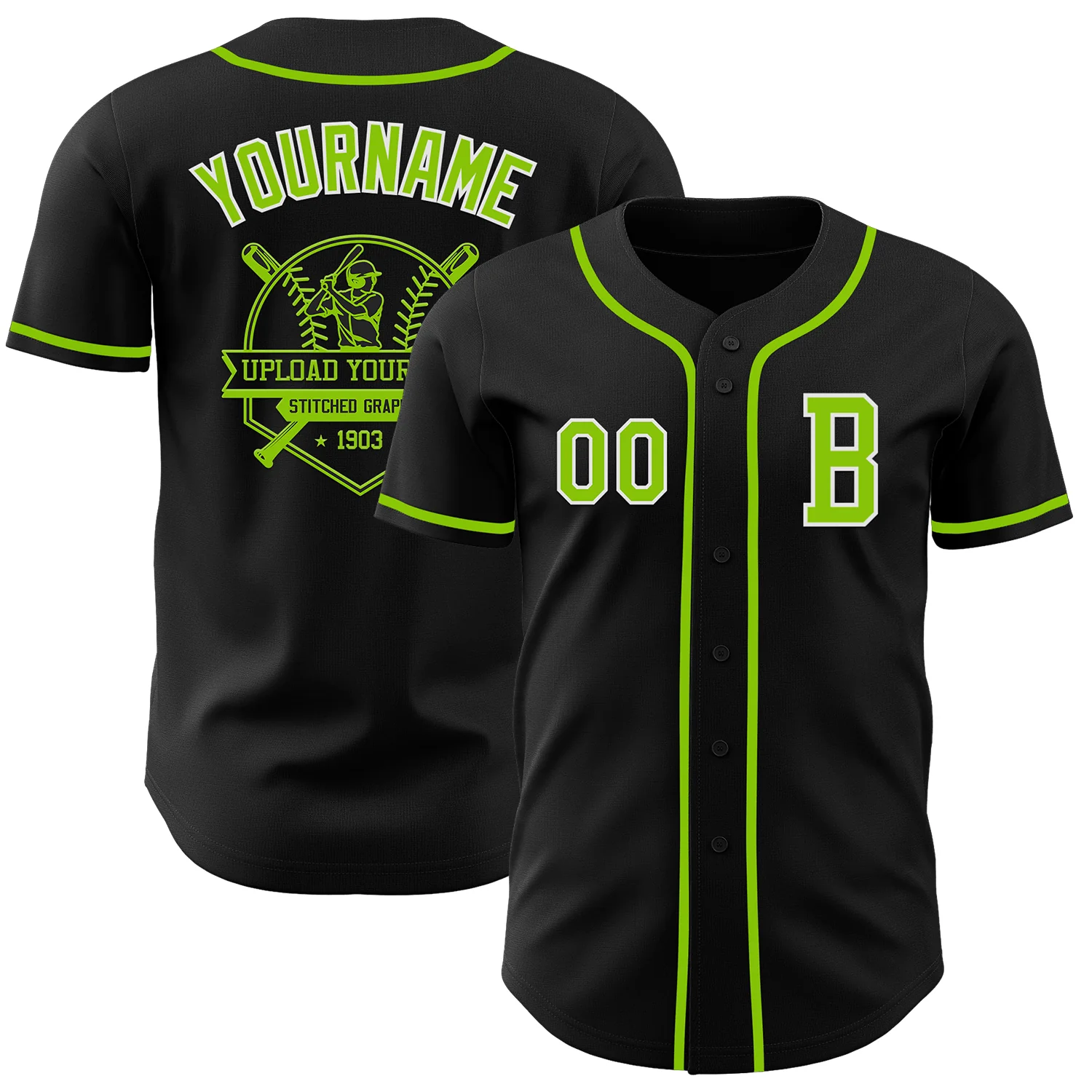 Custom Black Neon Green-White Authentic Baseball Jersey - Image 5