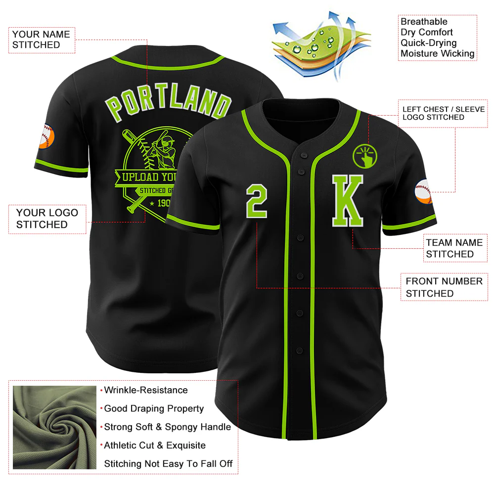 Custom Black Neon Green-White Authentic Baseball Jersey - Image 6