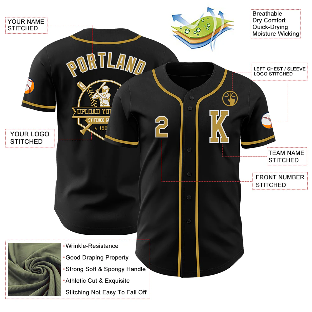 Custom Black Old Gold-White Authentic Baseball Jersey - Image 6