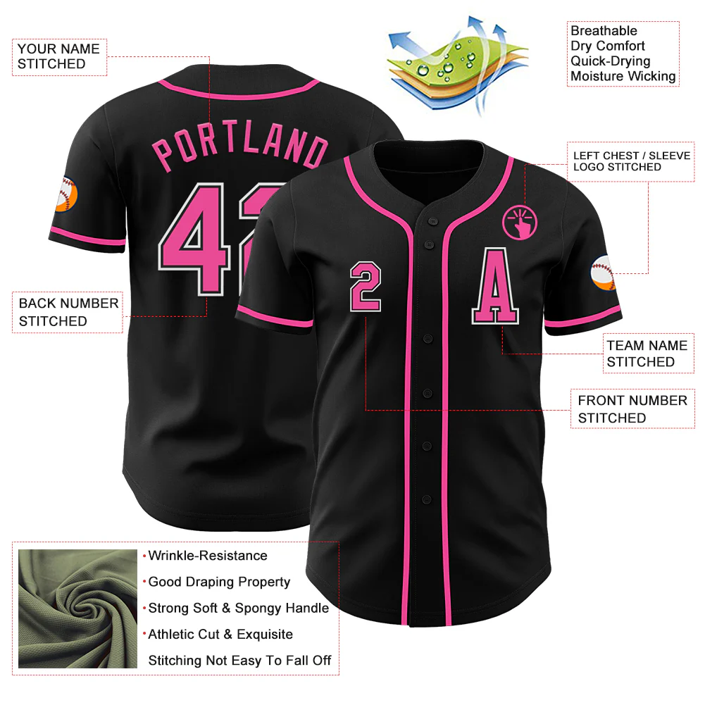 Custom Black Pink-White Authentic Baseball Jersey - Image 2