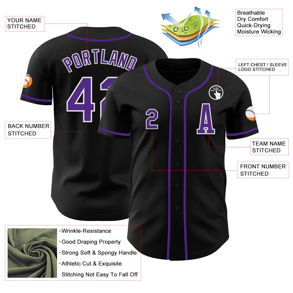 Custom Black Purple-White Authentic Baseball Jersey - Image 2