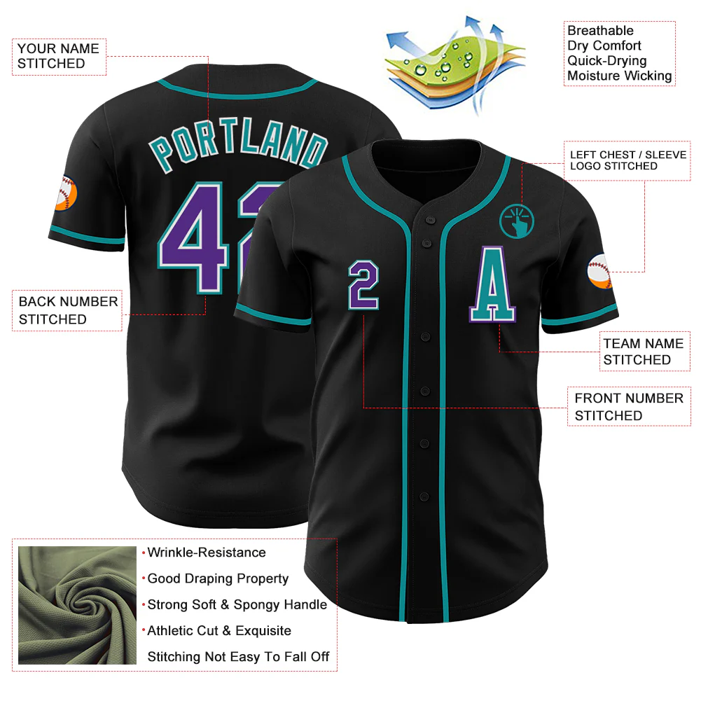 Custom Black Purple-Teal Authentic Baseball Jersey - Image 2