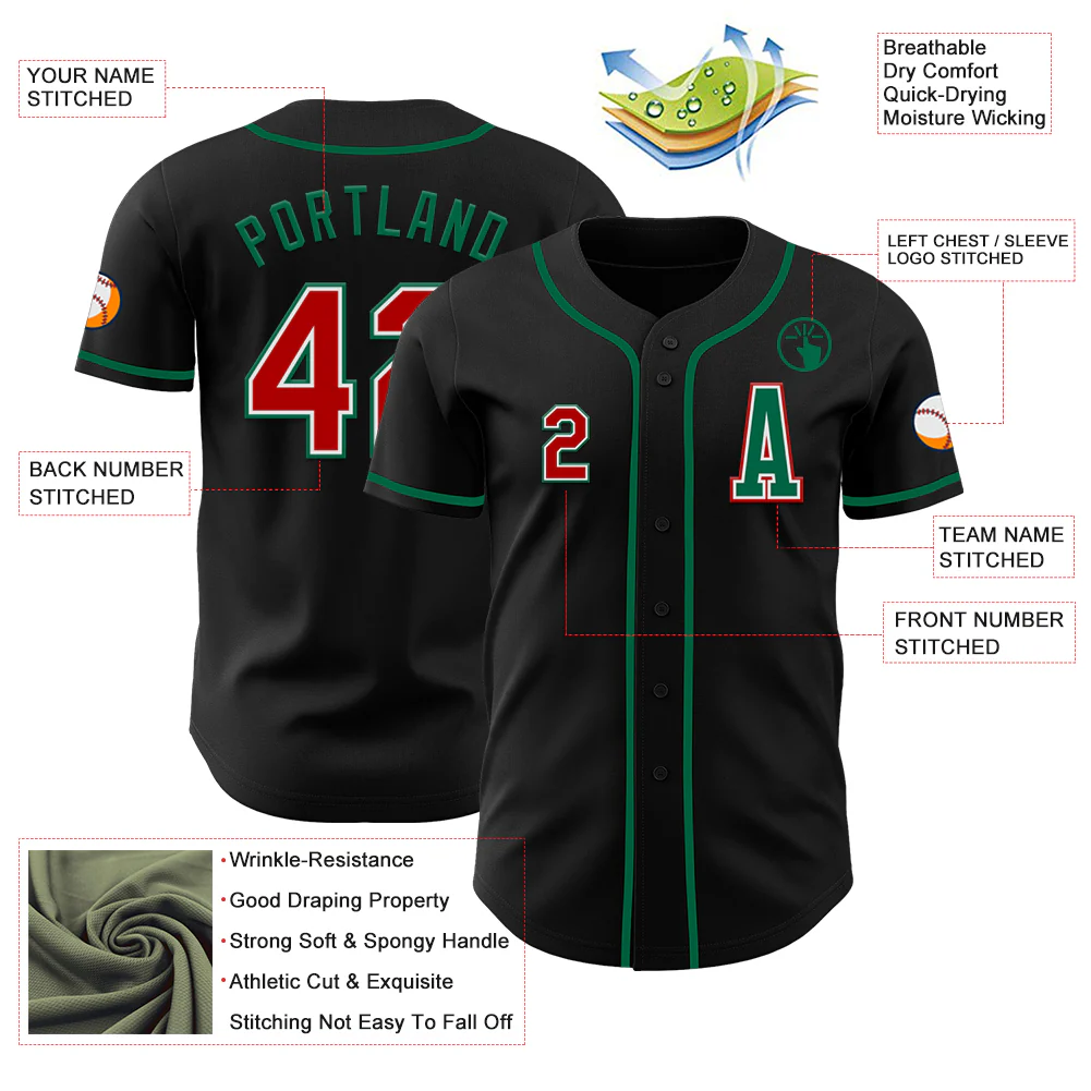 Custom Black Red-Kelly Green Authentic Baseball Jersey - Image 2